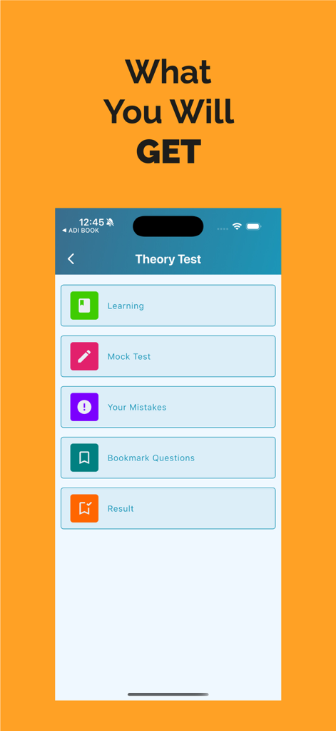 Driving Theory Test Kit UK - Menu of the Driving Theory Test Kit UK app featuring mock tests and learning modules