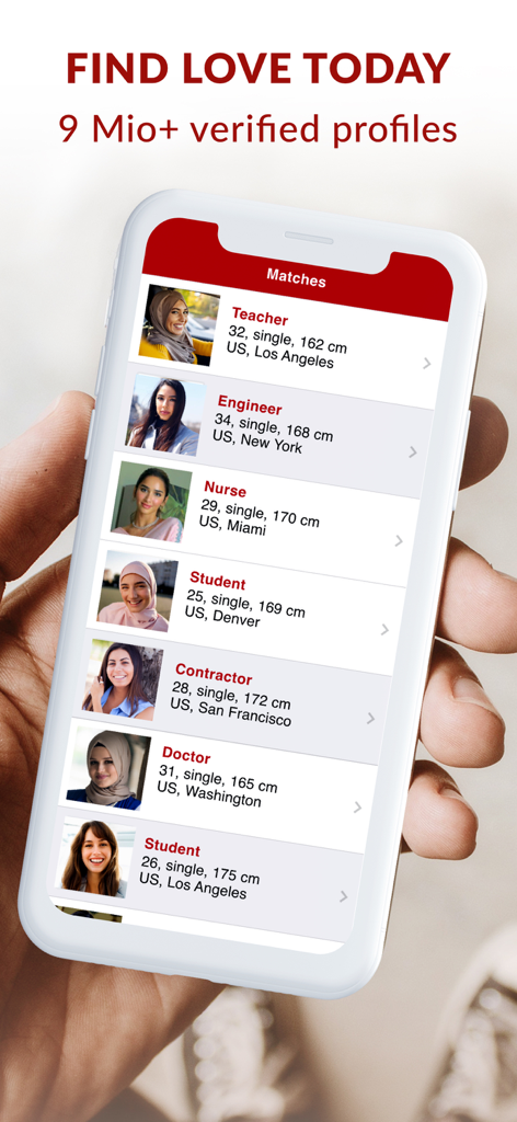 eCift app screen showing a list of verified profiles with diverse professional backgrounds like Doctor and Engineer for serious Muslim dating.
