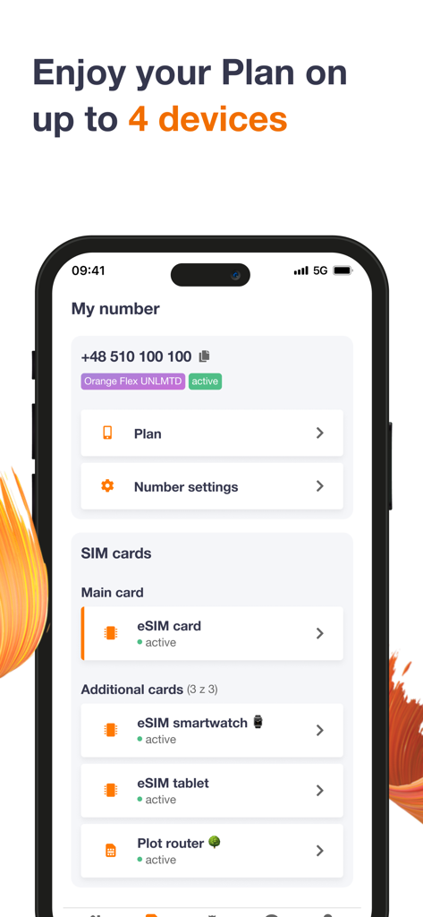 Orange Flex app screen showing eSIM management for up to four devices including smartphone smartwatch and tablet
