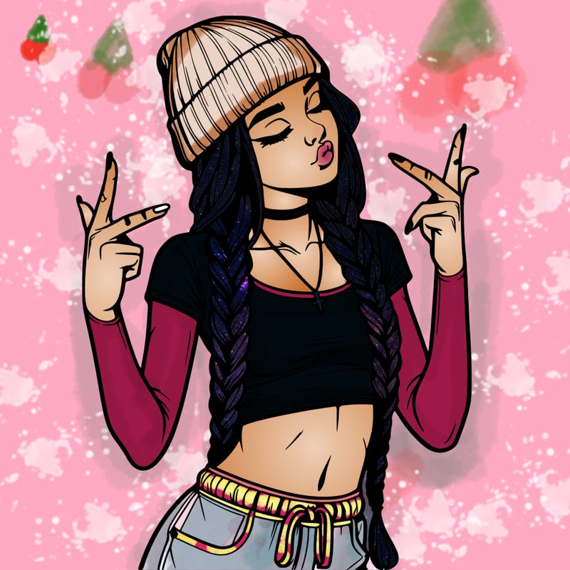 realistic teenage girl with braids and a beanie and crop top doing 🫶🏼