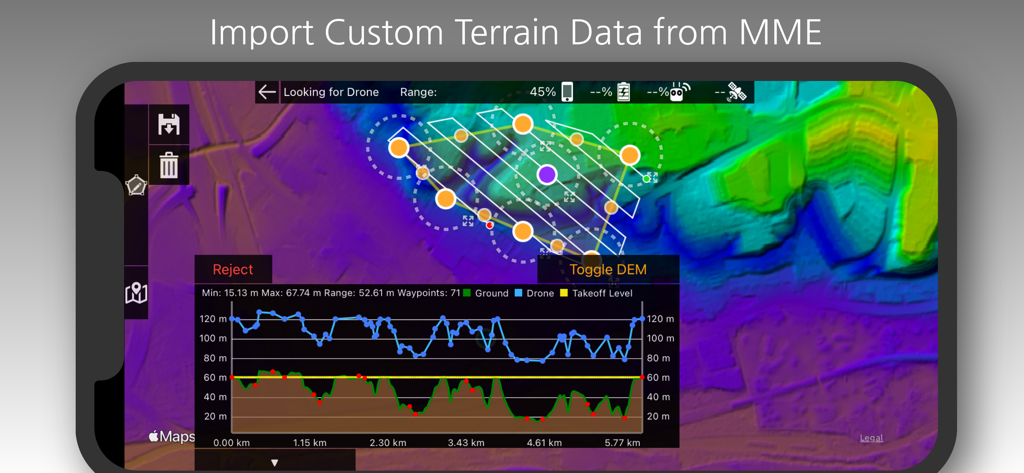 Map Pilot Pro App-Oberfläche, die den Import benutzerdefinierter Geländedaten und ein Höhenprofilgrafik des Drohnenflugs zeigt