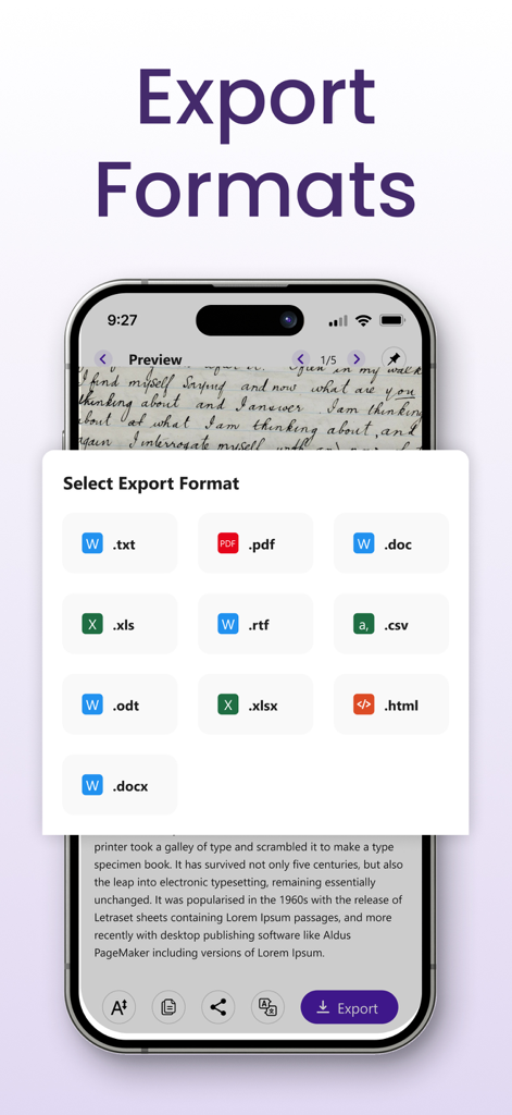 Oberfläche der Text Scanner OCR-App, die mehrere Exportoptionen anzeigt, darunter PDF, Word und Excel