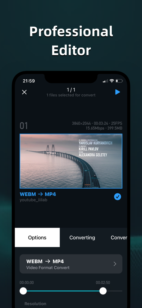 Video Converter Pro: Mov,  MP3 - WEBM動画をMP4に変換中のVideo Converter Proアプリを表示するスマートフォン画面