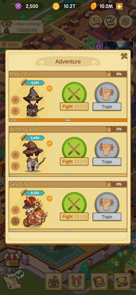 Idle Magic Academy - Menu de aventura mostrando personagens bruxos e opções de treinamento em Idle Magic Academy.