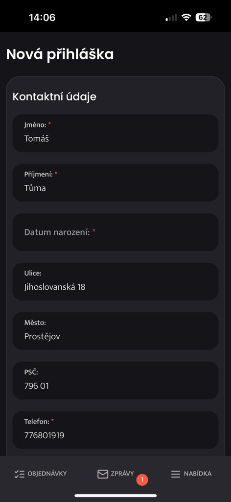 Strava.cz Meal Ordering - User registration screen in the Strava.cz meal ordering app displaying contact information fields