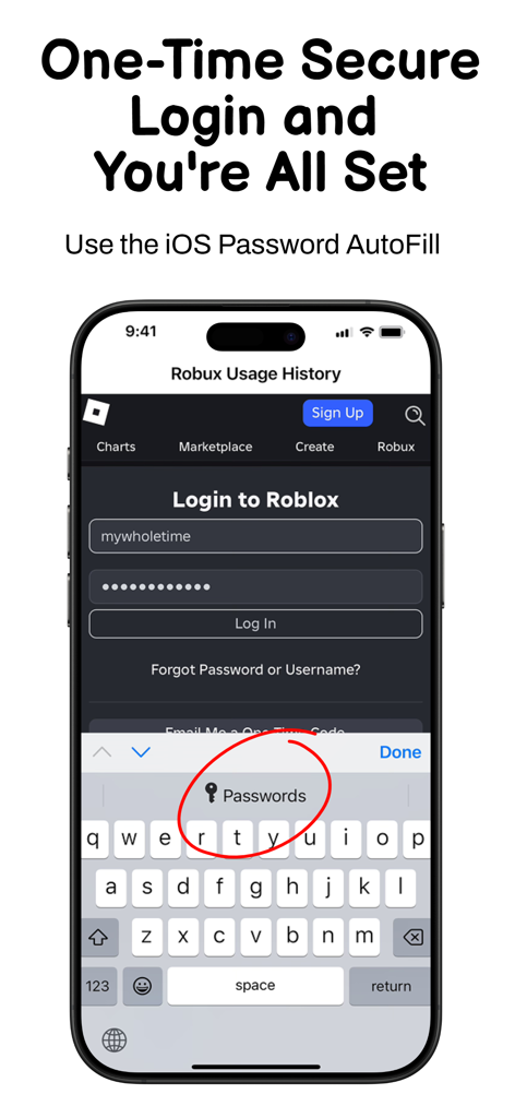 Child Spend Tracker for Roblox - Pantalla de inicio de sesión segura de Roblox con autocompletado de contraseña de iOS para el rastreo de gastos infantiles