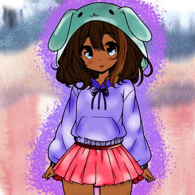 pretty anime girl wearing a fluffy hoodie with bunny ears on the hood and a skirt