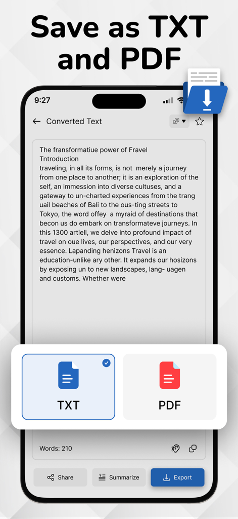 Interface showing options to save converted handwritten text as TXT or PDF documents.