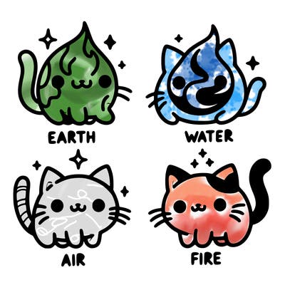 4 cats that represent the different elements, earth, water, air, and fire