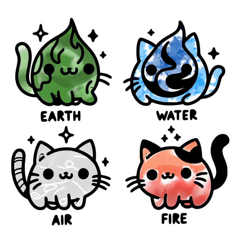 4 cats that represent the different elements, earth, water, air, and fire