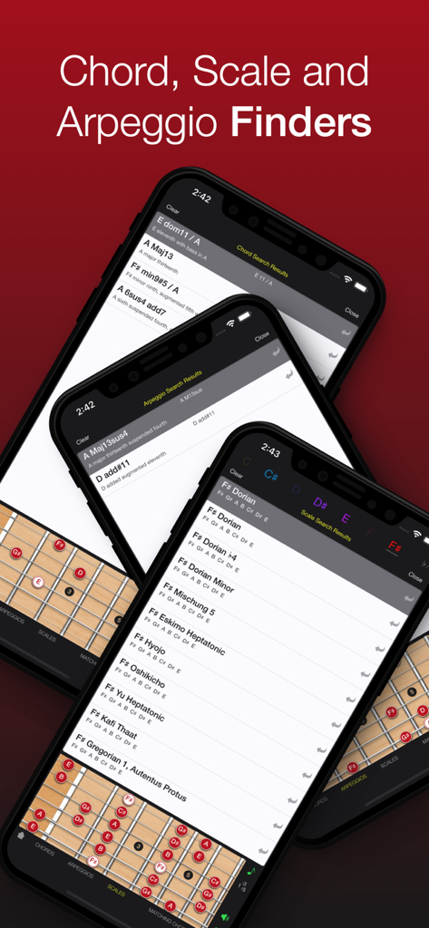 Guitar Gravitas: Total ed. - フレットボード図付きのギターコード、スケール、アルペジオの検索結果を表示する3つのスマートフォン画面。
