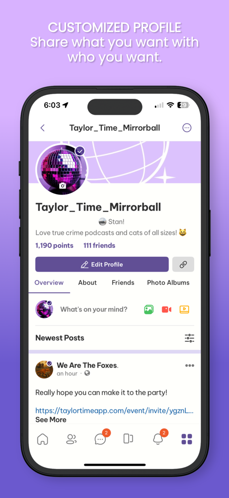 Taylor Time - A mobile interface of the Taylor Time app showing a customized user profile with karma points and a community post