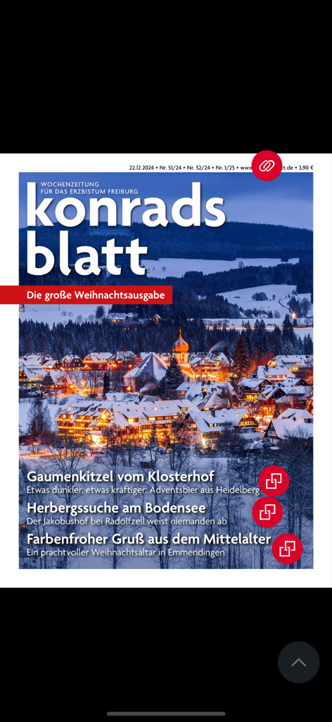 Titelseite der katholischen Zeitungs-App Konradsblatt, die ein verschneites Dorf bei Nacht für ihre Weihnachtsausgabe zeigt.