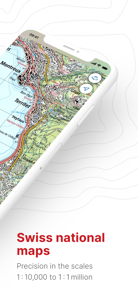 Uno smartphone che visualizza una mappa topografica ad alta precisione della regione di Montreux in Svizzera