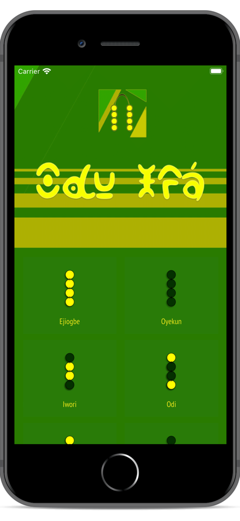 Signos Ifa - Interfaz de la aplicación Signos Ifa mostrando patrones de Odu como Ejiogbe Oyekun Iwori y Odi