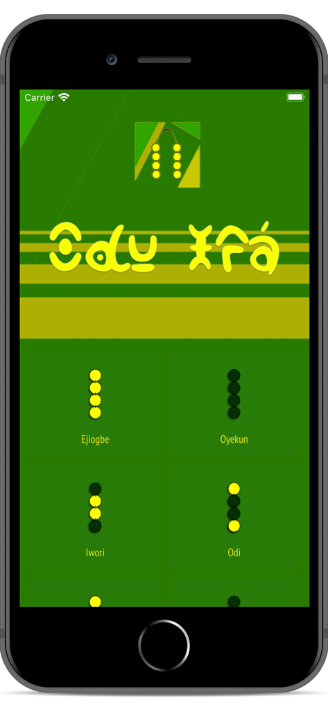 Interfaz de la aplicación Signos Ifa mostrando patrones de Odu como Ejiogbe Oyekun Iwori y Odi