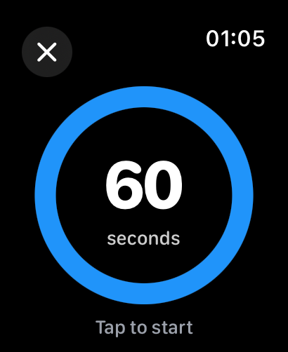Gym Rest Timer - Flavr Apps - Apple Watch interface displaying a 60 second gym rest timer with a blue progress ring