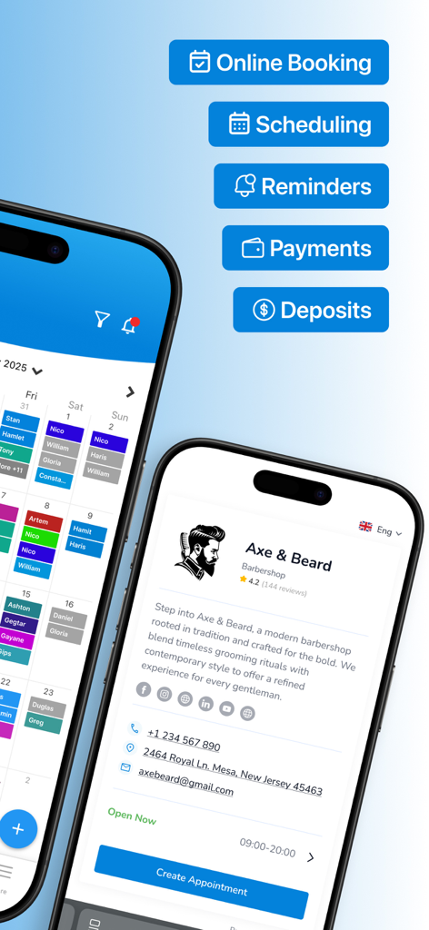 SetTime Appointment Scheduler - Interface of SetTime Appointment Scheduler showing a barbershop booking page and a staff calendar view