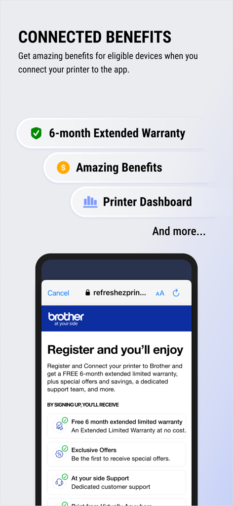 Brother Mobile Connect - La aplicación Brother Mobile Connect que muestra beneficios como garantía extendida y panel de control de la impresora