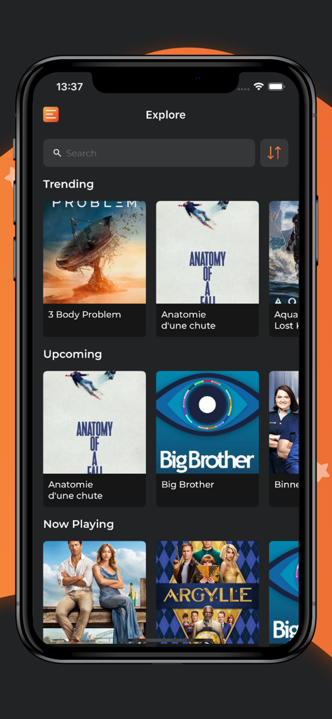 FlikPix- Find Gr8 movies fast - Tela de exploração do aplicativo FlikPix mostrando filmes e séries em alta e futuros