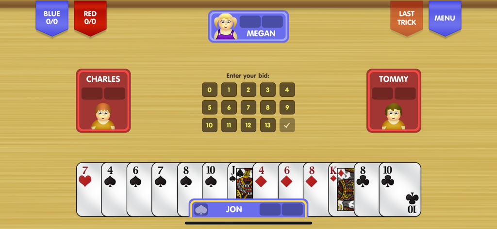 Spades ∙ - Bidding phase in Spades card game with player hand visible