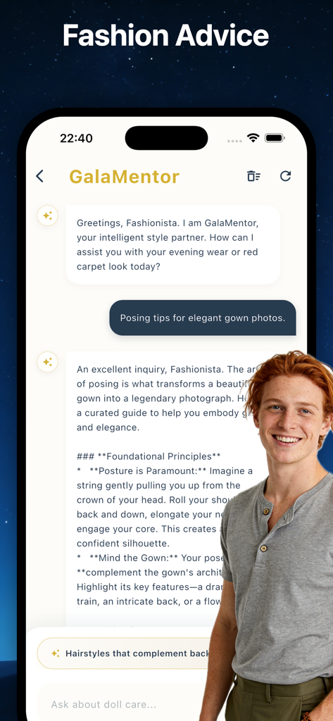 Myrid：Soul Style&Chat - GalaMentor IA fournissant des conseils de style et de pose pour des robes élégantes dans l'application Myrid.