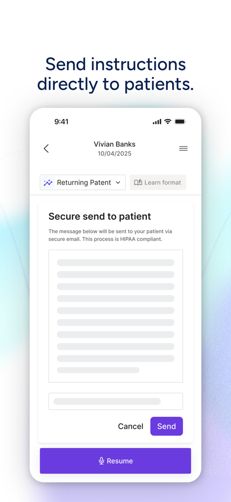 Freed: AI Clinician Assistant - A mobile interface for the Freed AI app showing a secure HIPAA compliant screen to send clinical instructions directly to patients