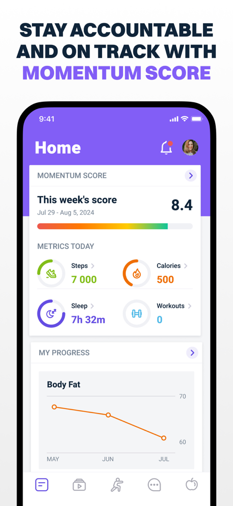 James Smith Academy - James Smith Academy app home screen displaying the momentum score daily fitness metrics and a body fat progress graph