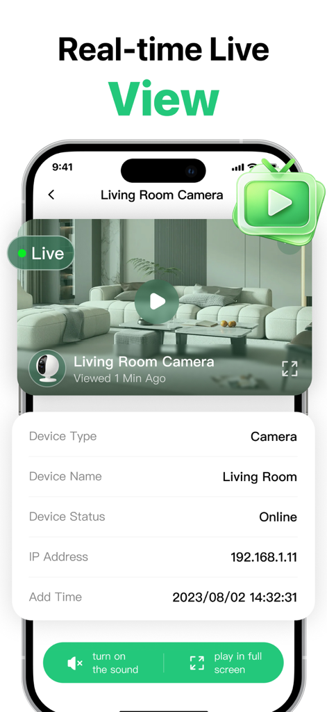 Home Security Camera Scan - Captura de pantalla de la aplicación Escaneo de Cámaras de Seguridad del Hogar mostrando una vista en vivo en tiempo real de una cámara de sala de estar con detalles de red como dirección IP y estado.