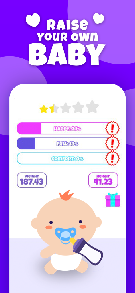 Make A Baby AI Future Face - Interface of the digital baby pet game feature showing baby care stats like happy and full status bars