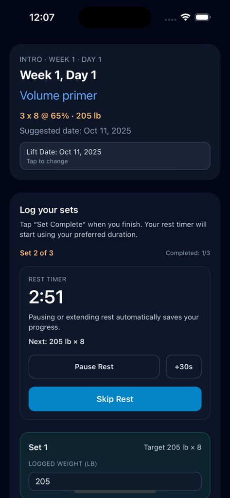 Smolov Squat Tracker - Interfaccia di registrazione allenamenti dell'app Smolov Squat Tracker che mostra un timer di riposo e dettagli delle serie