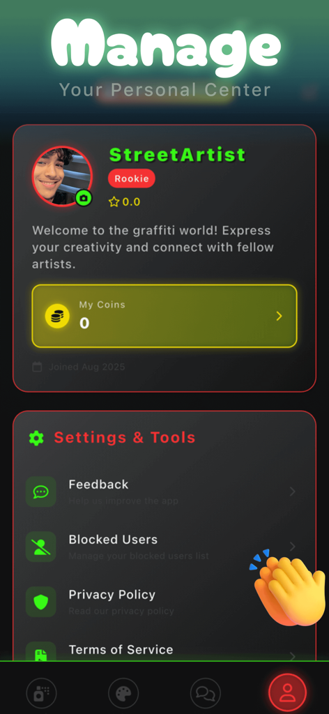 User profile and settings page of the Tano street art app featuring a personal center and StreetArtist account