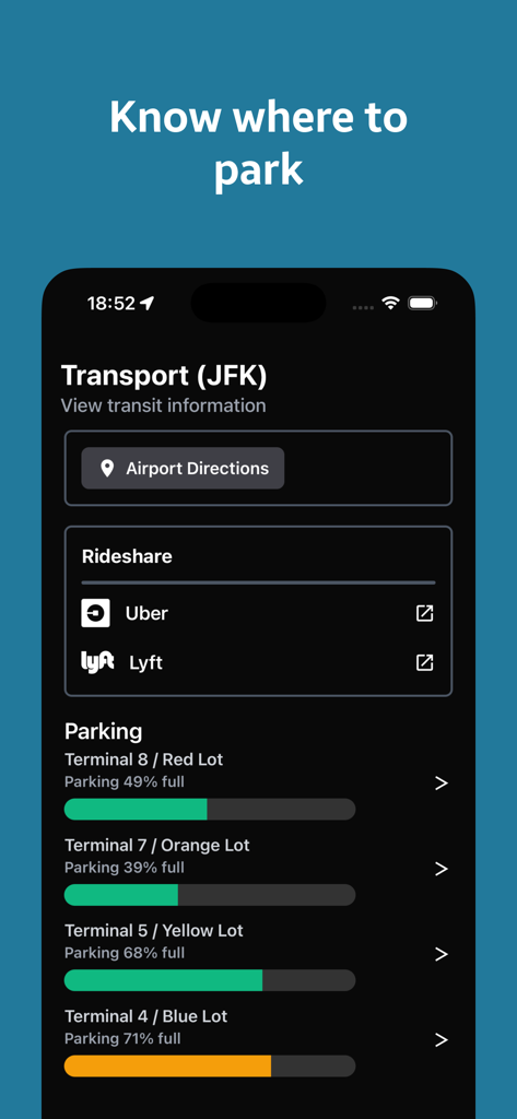 NavPort アプリのインターフェイスに、JFK のリアルタイムの空港駐車場の利用状況と交通手段が表示されている。