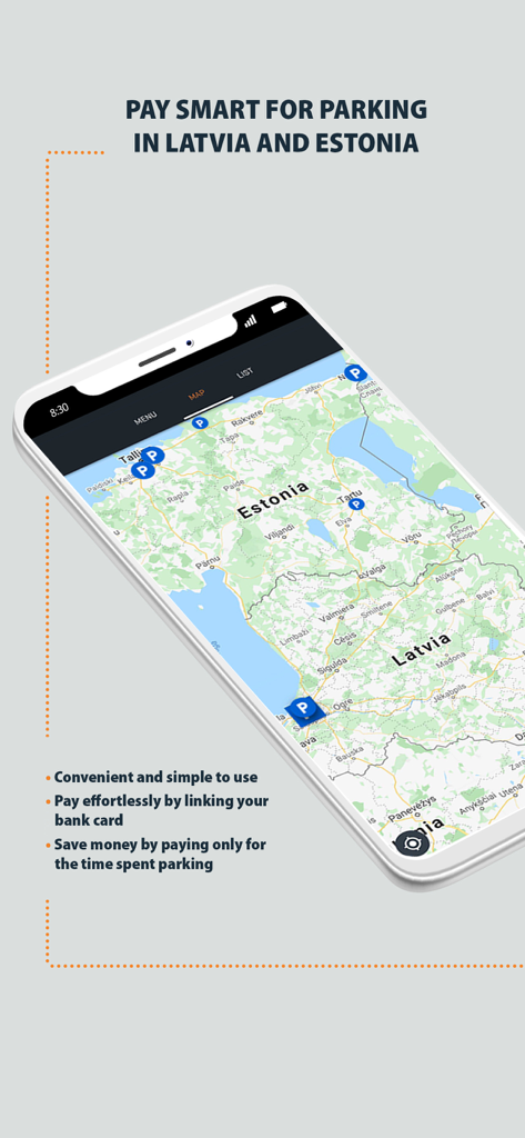 Um smartphone exibindo o mapa da aplicação EuroPark com locais de estacionamento na Letónia e Estónia, acompanhado de texto destacando funcionalidades de pagamento convenientes e inteligentes.
