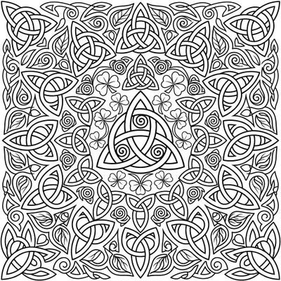 Immerse yourself in the ancient allure of Celtic design with this detailed coloring page featuring stunning triquetra knots and lucky shamrocks. It's a perfect blend of history and relaxation, offering a captivating artistic challenge.
