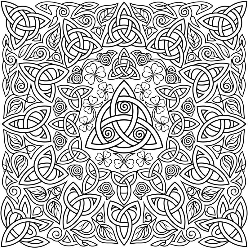 Immerse yourself in the ancient allure of Celtic design with this detailed coloring page featuring stunning triquetra knots and lucky shamrocks. It's a perfect blend of history and relaxation, offering a captivating artistic challenge.