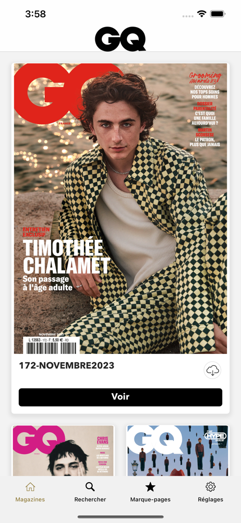 GQ Magazine France - Interfaz de la aplicación GQ Magazine France mostrando la portada de la edición digital de noviembre de 2023 con Timothee Chalamet