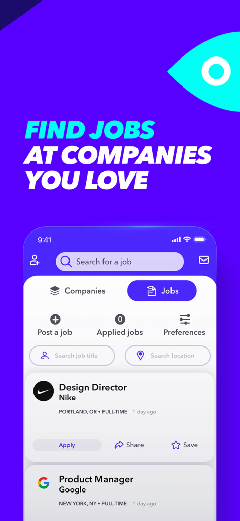 Fishbowl: Professional Network - Fishbowl app job search screen featuring listings for Nike and Google