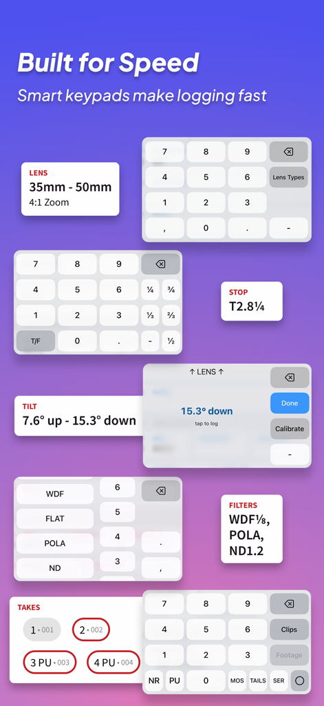 영화 촬영 현장에서 렌즈, 필터 및 테이크 데이터를 빠르게 기록하기 위한 맞춤형 스마트 키패드를 보여주는 ZoeLog 앱 인터페이스