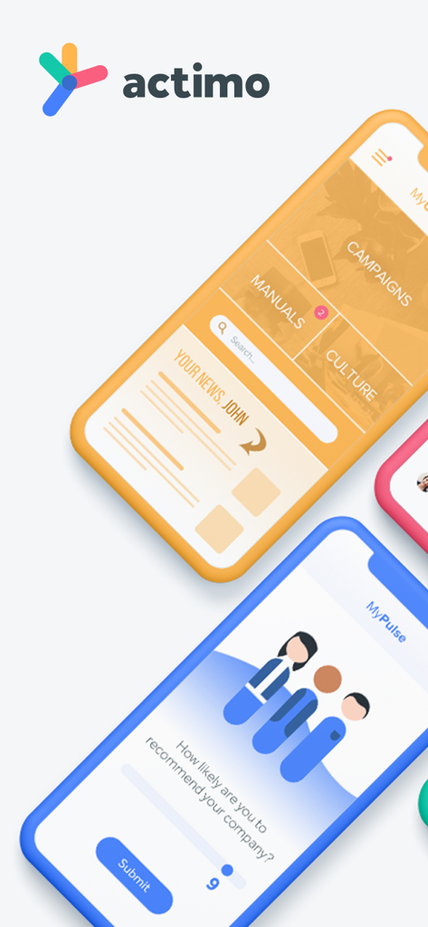 Actimo app interface showing personalized employee dashboards for news manuals and feedback surveys