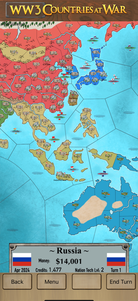 WW3 Countries at War - Gameplay screen of WW3 Countries at War showing a geopolitical strategy map of Asia and Australia