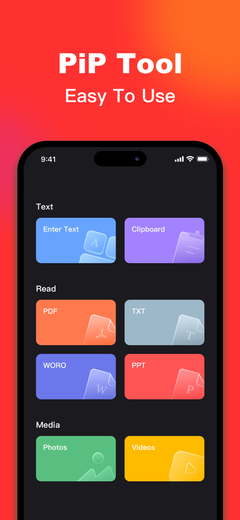 PiP Splitware - Floating Apps - Interfaz de la aplicación PiP Splitware que muestra opciones de herramientas flotantes para documentos de texto y medios