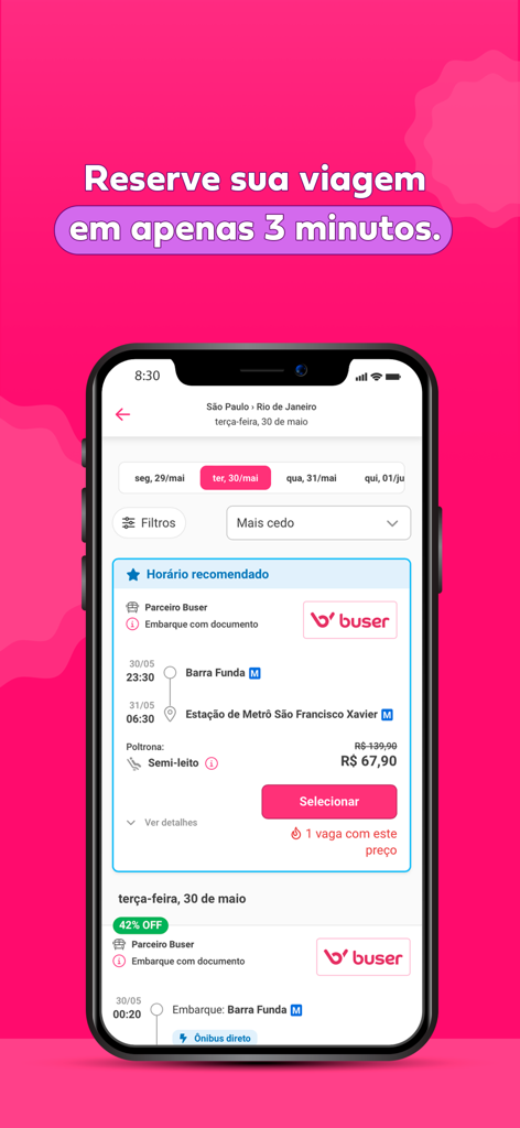 Buser app interface showing bus trip search results from Sao Paulo to Rio de Janeiro with ticket prices and departure times.
