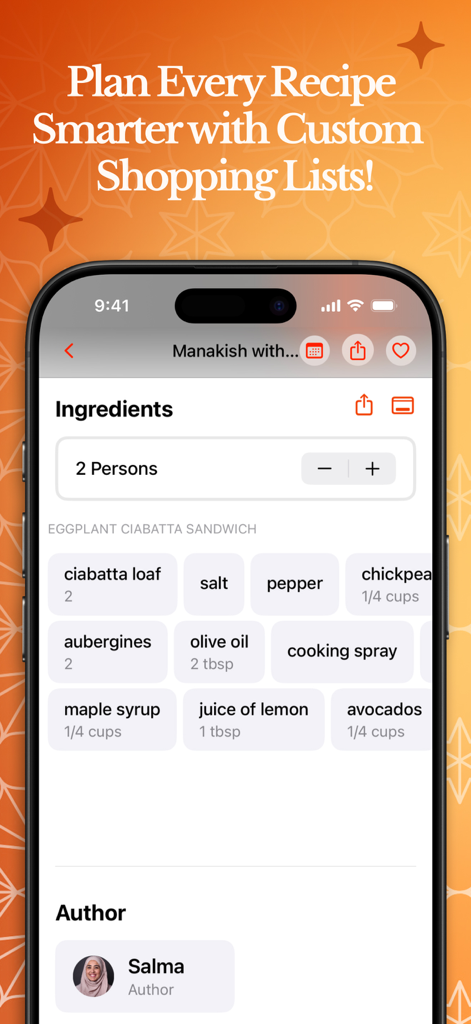 Food Recipes by Arabesk - Una pantalla de aplicación móvil que muestra una lista de ingredientes para una receta de Sándwich de Ciabatta con Berenjena con selección de tamaño de porción.