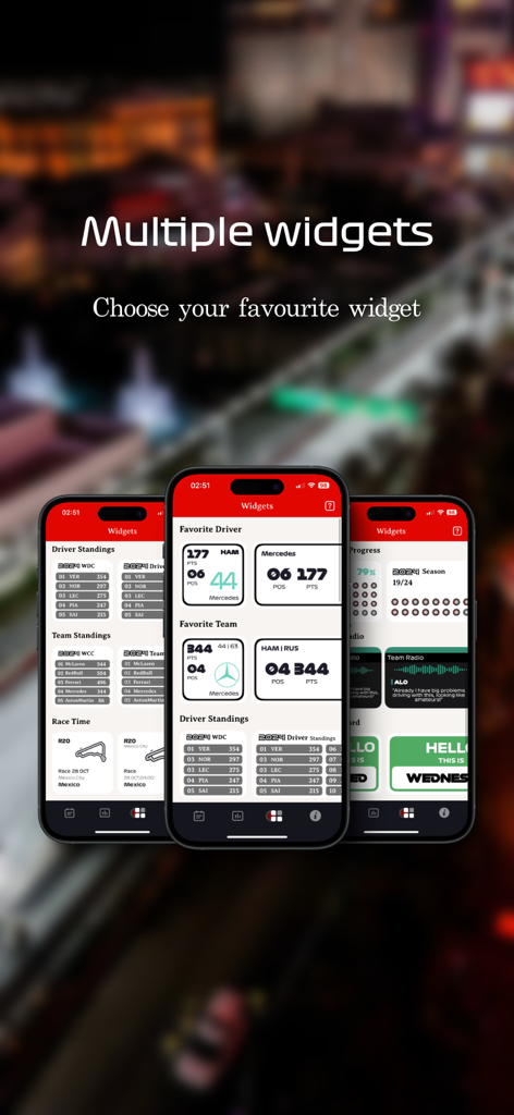 GP Time - Formula Widgets - Drei iPhone-Bildschirme, die eine Vielzahl von anpassbaren Formel-1-Widgets zeigen, darunter Fahrerwertung und Rennzeiten