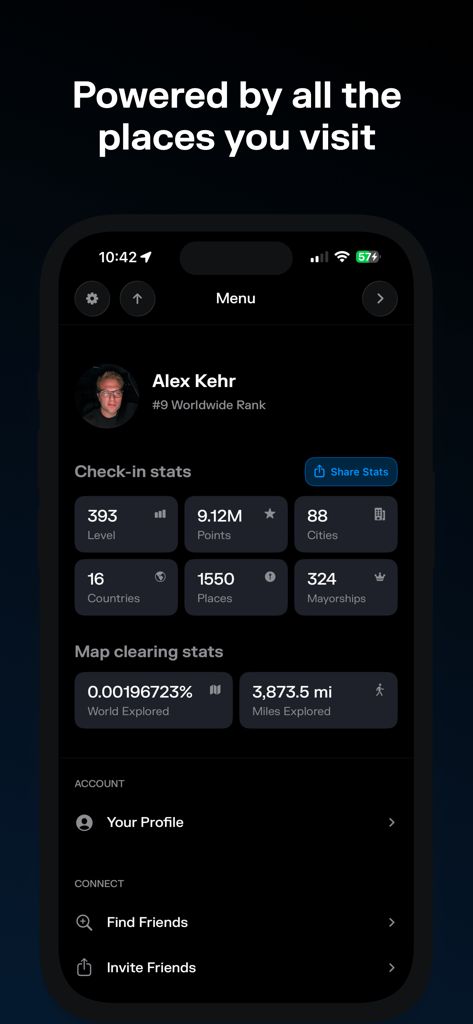 Écran du profil utilisateur de l'application Superlocal affichant les statistiques d'enregistrement, y compris le niveau, les points, les villes, les mairies et la progression de l'exploration de la carte.