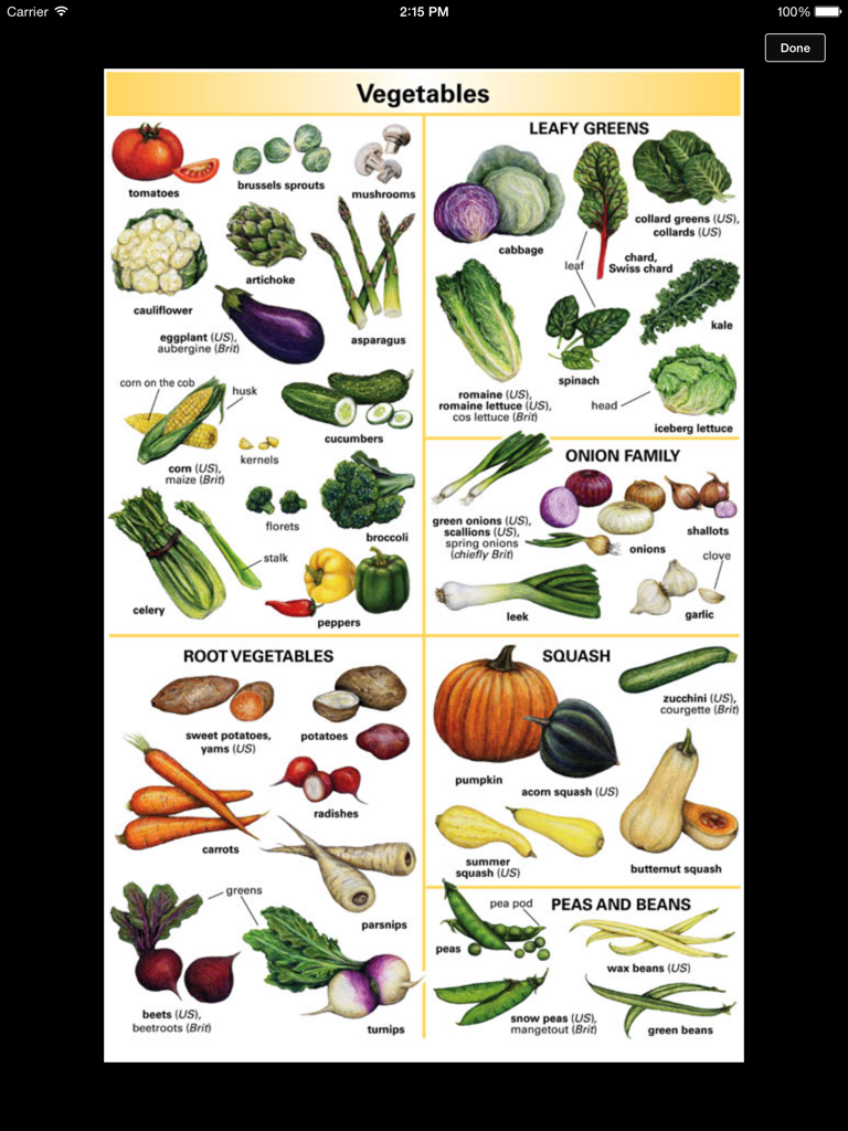 Learner's Dictionary - English HD - An illustrated vocabulary chart from the Merriam-Webster Learner's Dictionary app showing different types of vegetables categorized by group with American and British English names.