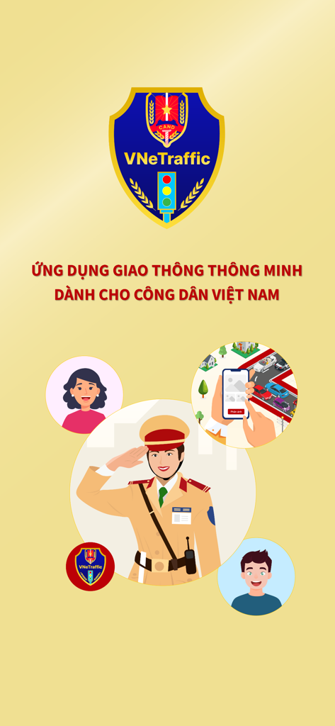 VNeTraffic - VNeTraffic smart traffic application welcome screen featuring a Vietnamese traffic police officer and citizen illustrations