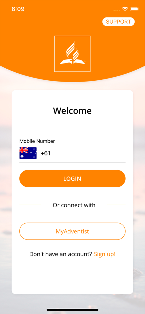 Login and welcome screen for the Seventh-day Adventist eGiving app