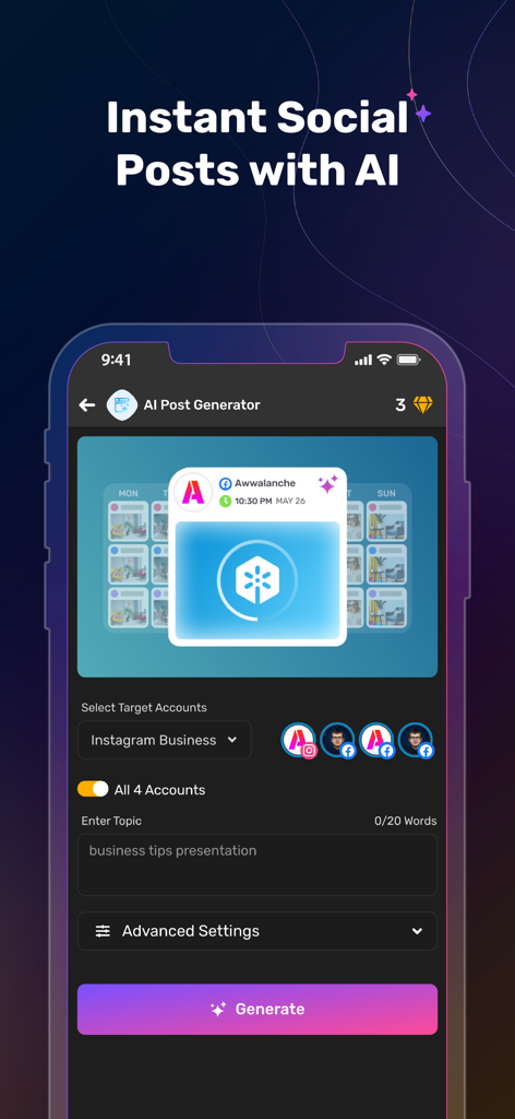 Simplified AI app interface for the AI post generator tool allowing users to create content for multiple social media accounts instantly